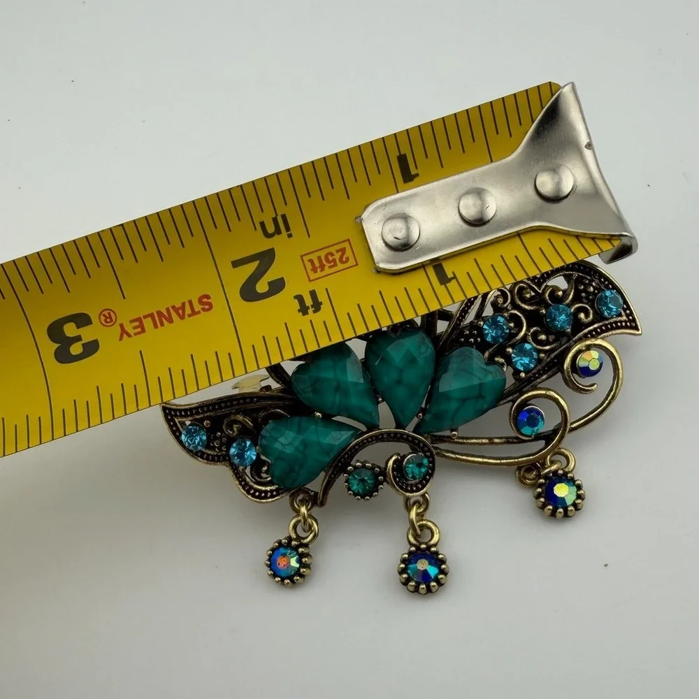 Vintage Style‎ Antique Gold Teal Heart Rhinestone French Barrette Clip